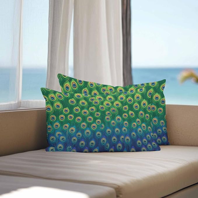 Peacock Feathers Outdoor Waterproof Pillow Covers, Ombre Blue Green Modern Animals Printed Decorative Rectangle Throw Pillowcase Sofa Cushion Sham for Patio/Couch/Chair, 20"x12" 2 Pack