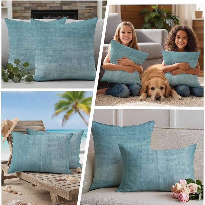Vandarllin Outdoor Throw Pillows Covers 24x24 inch Set of 2 Waterproof Turquoise Linen Decorative Zippered Cushion Covers for Patio Furniture, Solid Color Texture Lumbar Pillowcases