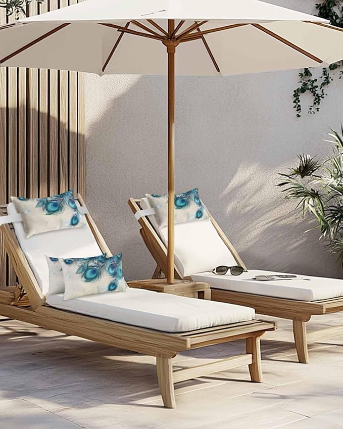 Pack of 2 Outdoor Lumbar Cushions with Inserts, Modern Blue Peacock Feather Animal Pattern Waterproof Fluffy Fade Body Pillows, Patio Furniture Pillow for Home Balcony Garden Decor 11x16IN