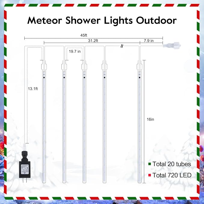 Brightown Meteor Shower Lights Outdoor, 16Inch 20 Tube 720 LED Icicle Light | Waterproof Meteor Christmas Light Outdoor, Hanging Falling Rain Light for Tree Bushes Holiday Party Yard Decor, Warm White