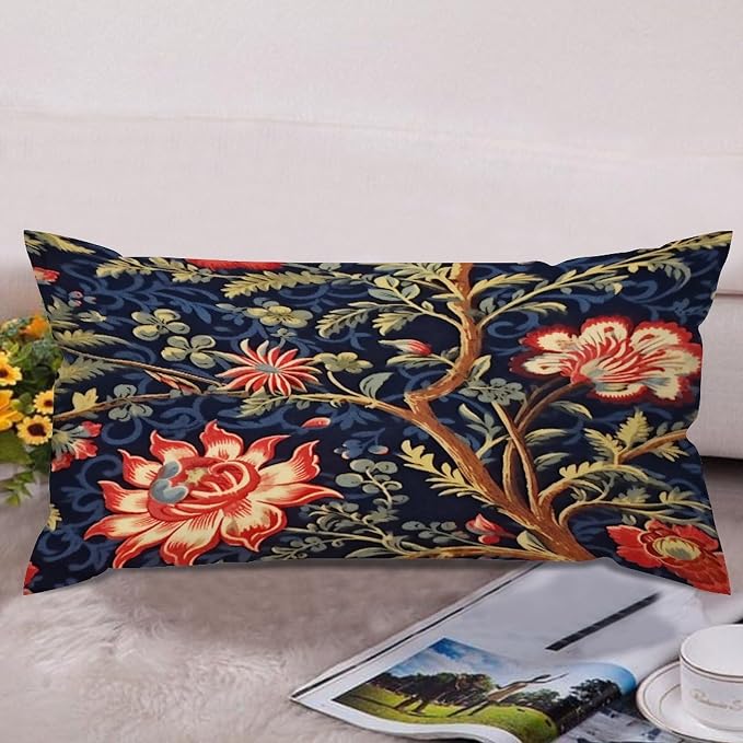 Zipped Pillow Cases for Home Decor Burgundy Gold Navy Blue Floral Botanical Throw Pillow Cover Set of 2 Farmhouse Cushion Cover Cases for Living Room Club Home Decor 12x24in