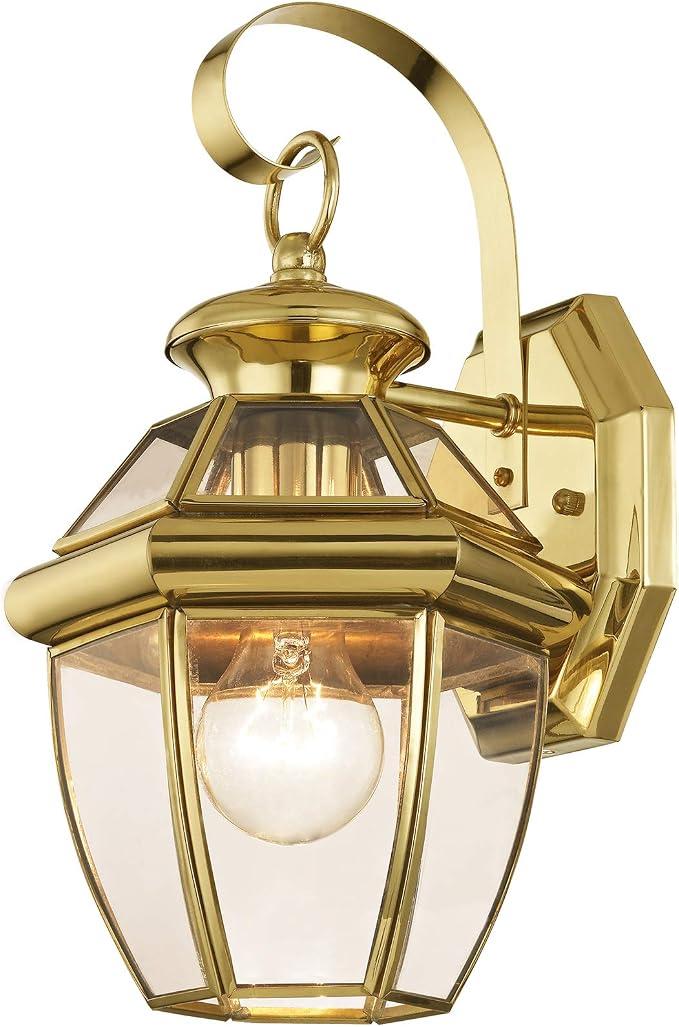Livex Lighting 2051-02 Monterey 1-Light Wall Lantern, Polished Brass | Clear Beveled Glass; Solid brass construction