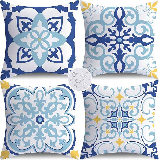 NIGHTWISH Outdoor Waterproof Pillow Covers 18x18 Set of 4 Blue Boho Decorative Outdoor Throw Pillows Floral Cushion Cases for Patio Furniture Bench Couch Sunbrella