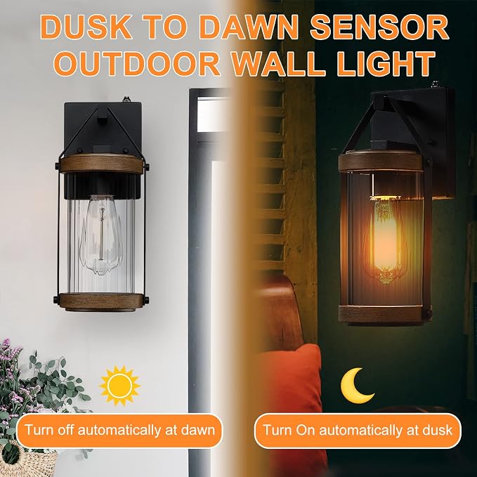 Dusk to Dawn Sensor Outdoor Wall Sconce Lighting with Wood Grain | Exterior Porch Light Fixtures Farmhouse Front House Lantern Waterproof Wall Mount Lamp for Patio Garage Entryway Doorway