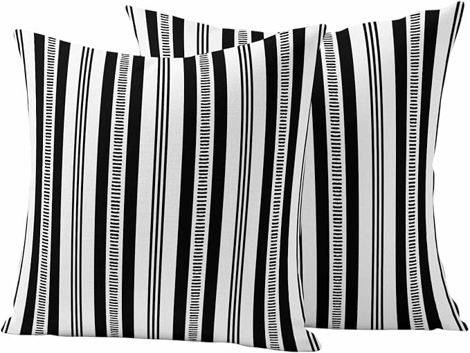 Black Striped Outdoor Waterproof Pillow Covers, Farmhouse Stripes Modern Geometric Decorative Square Throw Pillowcase Sofa Cushion Sham for Patio/Couch/Chair, 20"x20" 2 Pack