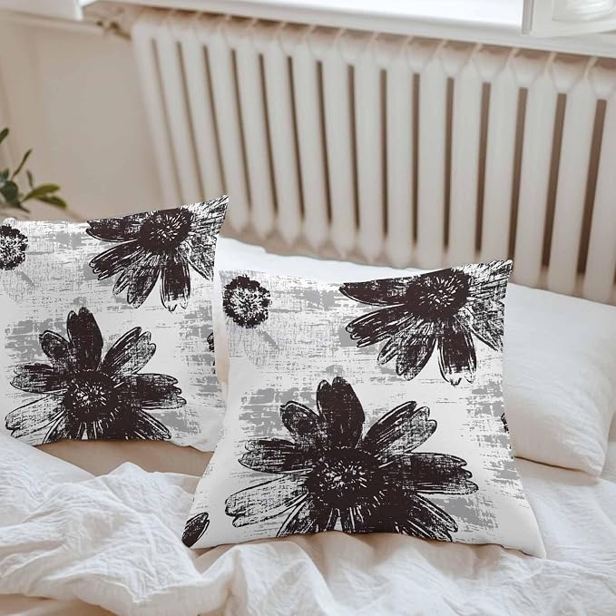 Vandarllin Outdoor Throw Pillows Covers 20x20 inch Set of 2 Waterproof Black Sunflower Decorative Zippered Cushion Covers for Patio Furniture, Floral Field Lumbar Pillowcases