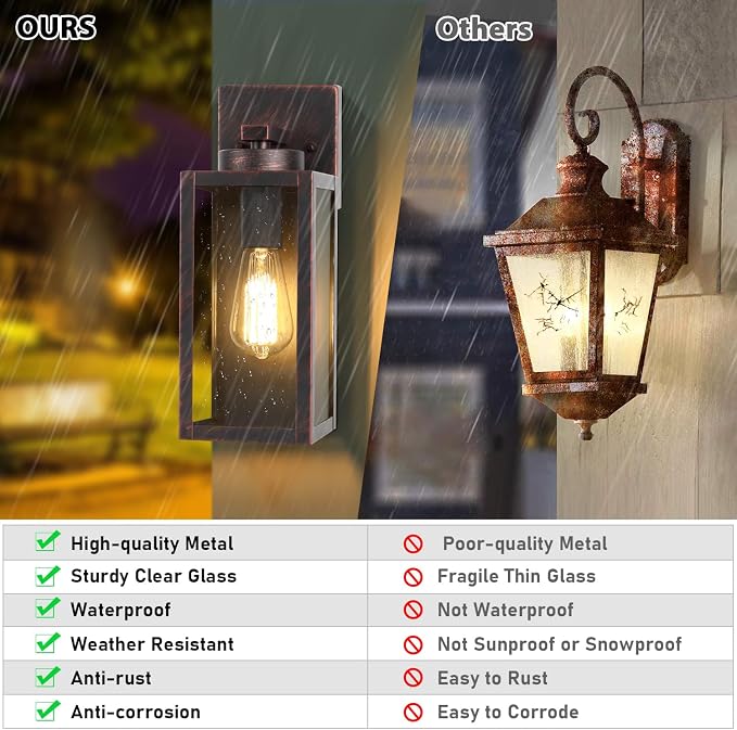 BesLowe Outdoor Wall Light Fixtures, Outside Porch Lights, Distressed Brown | Waterproof Metal Construction, Rust-resistant, Quick & Easy Installation, Clear Glass Shades & Standard E26 Socket