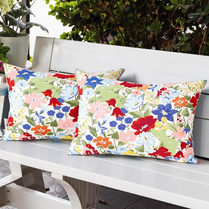 Adabana Outdoor Waterproof Floral Pillow Covers 12x20 Inch | Colorful Outdoor Pillow Covers Summer Decirative for Patio Furniture Porch Garden Pillows