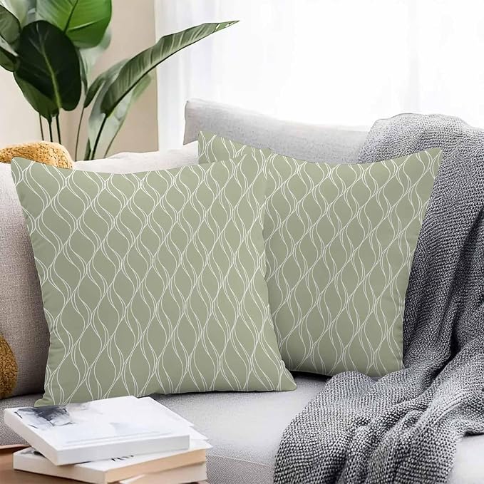 YOKOU Boho Sage Green Pillow Covers, Farmhouse Decoration Geometric Waterproof Outdoor Pillowcases Cushion Covers Cases for Patio Couch Bench, Pack of 2 Square, 20"X20"