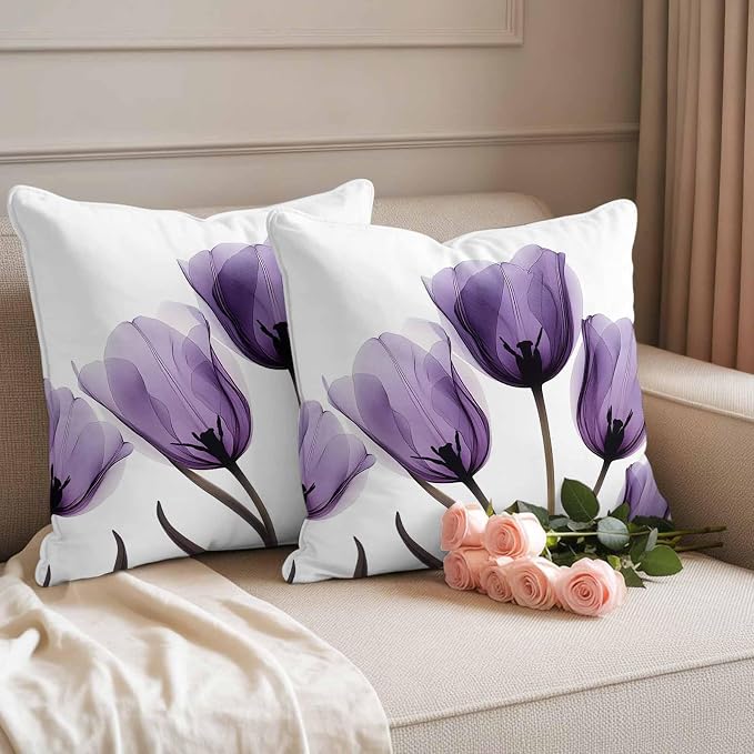 Spring Purple Outdoor Waterproof Throw Pillow Covers Set of 2, 20"x20", Flowers Image of Tulips Floral Decorative Pillow Covers Outside Cushion Case for Patio Porch Garden