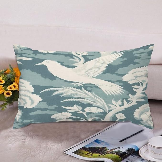 Set of 2 Blue Turquoise and White Birds Plant Decorative Throw Pillow Covers 12x20in Farmhouse Rectangle Accent Pillow Cases Cushion Cover Cases for Sofa Chair Bedroom Home Decor