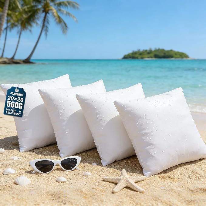 JOJOGOGO 20x20 Outdoor Throw Pillow Insert Waterproof Set of 4, 20 x 20 Premium Resistant Water Resistant Pillow Inserts White Outdoor Large Decorative Pillows for Front Porch Patio Furniture