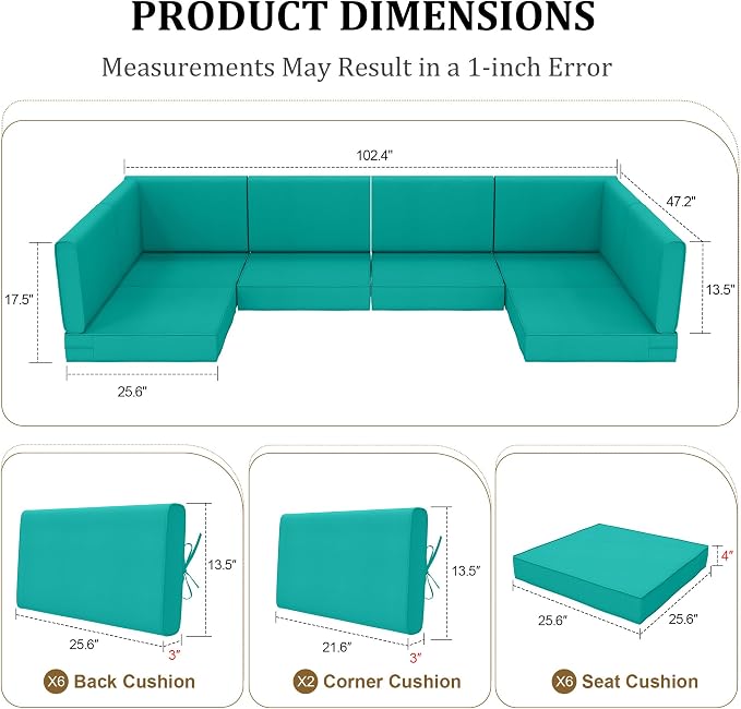 14pc Waterproof Outdoor Couch Cushions for 6 Seat Patio Turquoise | Water-resistant, UV-resistant,14pc High-Density Foam Replacement Cushions for 6-Seat Outdoor Sectional Furniture