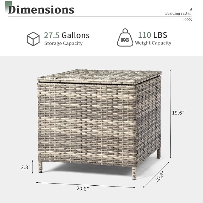 VINGLI Outdoor Side Table with Storage, 27-Gallon Patio Deck Box Outdoor Wicker Side Table for Poolside Balcony Storage Table (Grey, Square)