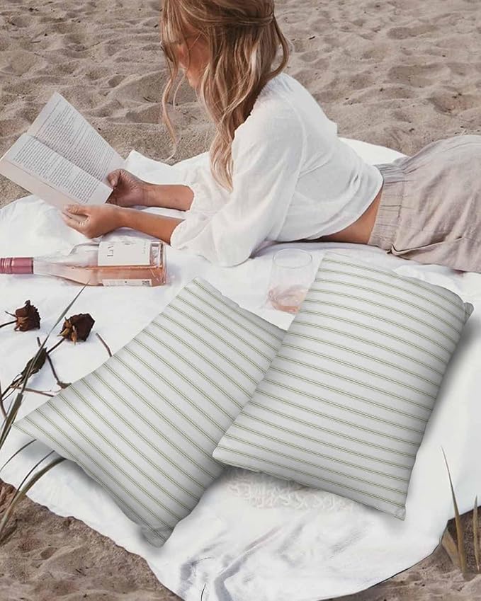 Outdoor Waterproof Throw Pillow Covers Set of 2 Sage Green Stripes Lumbar Pillowcases 20x12 Inches Vertical Striped Patio Decorative Pillows Cushion Case Patio Pillows for Couch Bed Chair Garden