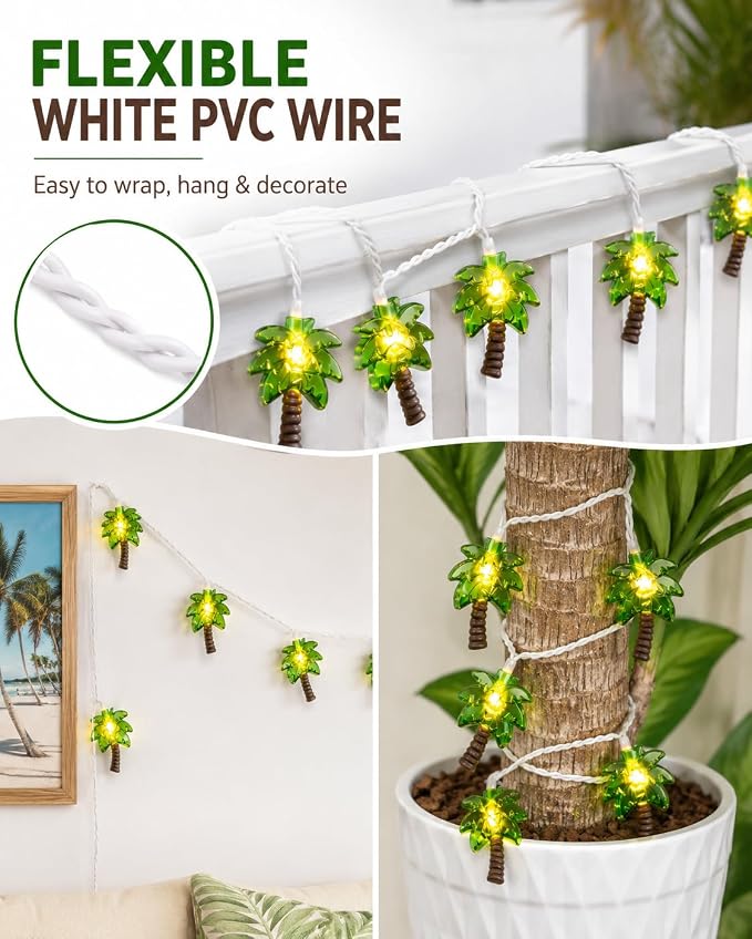 Palm Tree String Lights, Summer Patio String Lights with 10 Palm Tree Light | 8.5Ft Plug in Indoor Fairy Lights for Outdoor Indoor Beach Tropical Party Bedroom Birthday Decor, White Wire