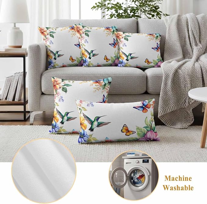 Spring Flowers Bird Outdoor Waterproof Throw Pillow Covers Set of 2, 20"x12", Hummingbird Butterfly Rustic Decorative Pillow Covers Outside Cushion Case for Patio Porch Garden