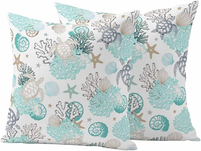 Summer Coastal Outdoor Throw Pillow Cover Ocean Sea Turtle Seaweed Waterproof Cushion Covers 2 Pack Teal Grey Abstract Art Pillow Cases Home Decoration for Patio Garden Couch Sofa 18x18In