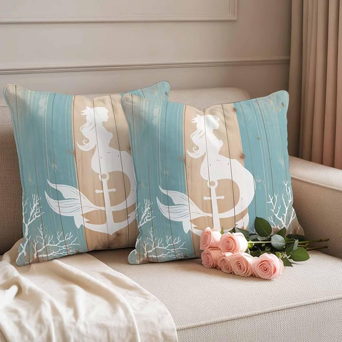 Summer Nautical Outdoor Waterproof Pillow Covers Set of 2, White Mermaid Coral Anchor Silhouette Wood Grain Pillowcase Decorative Throw Cushion Cases for Patio Garden Couch 18 x 18 Inches