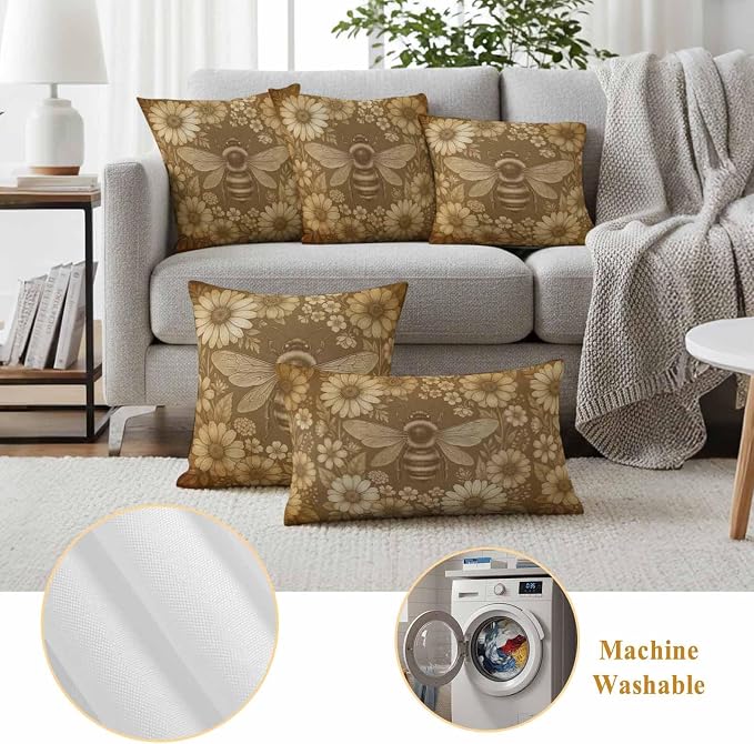Outdoor Pillow Covers Waterproof, Brown Bee Decorative Square Throw Pillowcases Patio Cushion Covers for Tent/Garden, 16" x 16" 2 Pack, Farmhouse Vintage Animals Botanical Flowers