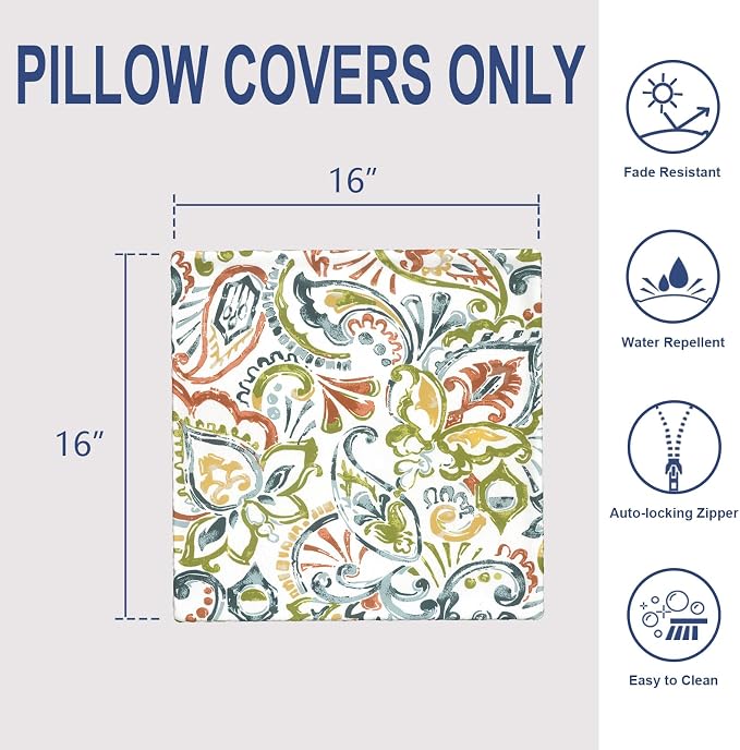 Outdoor 16x16 Inch Throw Pillow Covers Set of 2, Covers ONLY, All Weather Square Pillow Cases, Patio Cushion Pillow of Home Furniture Use, Paisley Botanical