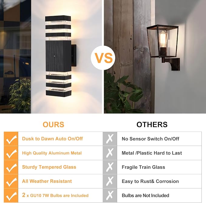 Dusk to Dawn Led Outdoor Lighting, Front Porch Exterior Light Fixture, Anti-Rust Matte Black Up and Down Outdoor Lights for House Garage Front Door