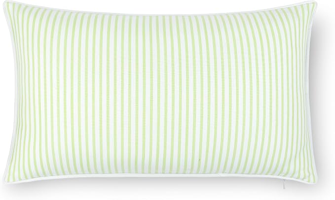 Hofdeco Premium Coastal Hampton Outdoor Performance Lumbar Pillow Cover Only, 12"x20" Water Repellent, UV and Fade Resistant for Backyard, Couch, Poolside, Grass Green Woven Coastline Stripes