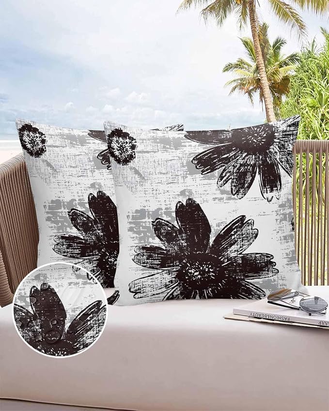 Vandarllin Outdoor Throw Pillows Covers 20x20 inch Set of 2 Waterproof Black Sunflower Decorative Zippered Cushion Covers for Patio Furniture, Floral Field Lumbar Pillowcases