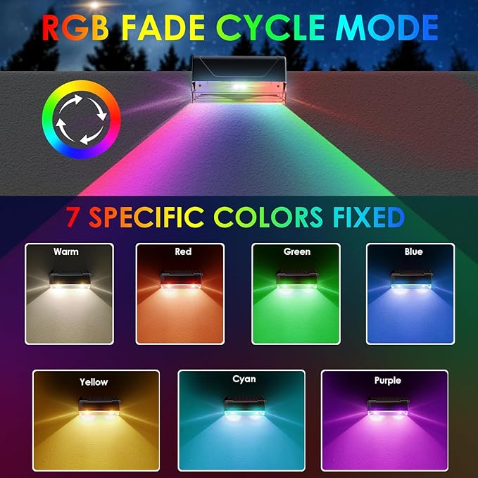 LIANGLOME 8PK Solar Fence Lights Outdoor - Warm White & RGB 6 Color, Dusk to Dawn Deck Light, IP65 Waterproof Garden Lights for Outside/Backyard/Railing/Step/Patio/Wall