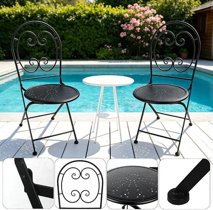 Folding Patio Chairs Set of 2 Mosaic Bistro Chair Outdoor Seating | Garden Patio Furniture Seating Heavy Duty Metal Frame Dining Chairs for Lawn Yard Balcony Porch Backyard Poolside