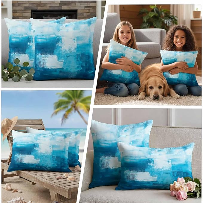 Blue Outdoor Waterproof Throw Pillow Covers Set of 2, 16"x16", Abstract Oil Painting Decorative Pillow Covers Outside Cushion Case for Patio Porch Garden
