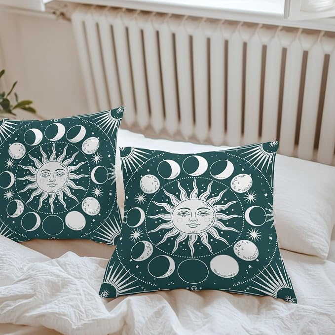 Celestial Sun and Moon Waterproof Outdoor Pillow Covers Set of 2 Home Decor, Green Starry Galaxy Boho Lumbar Pillowcase Patio Pillow Covers for Couch Bench Patio Furniture Garden 20x20in
