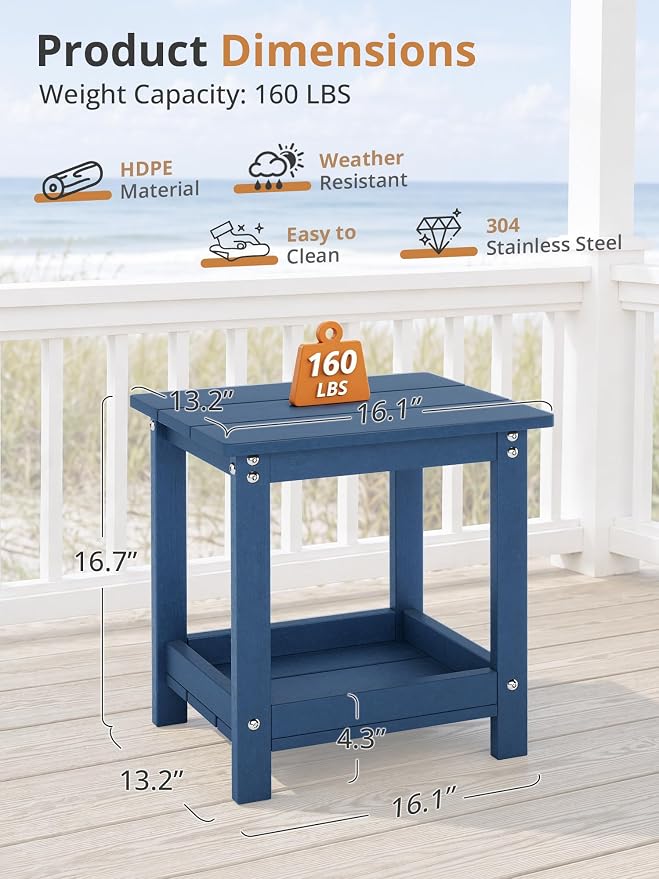 LUE BONA Outdoor Side Table, 2-Tier HDPE Small Outdoor End Table with Rail for Patio, Deck, Poolside, Low Maintenance & Weather Resistant, Prussian Blue