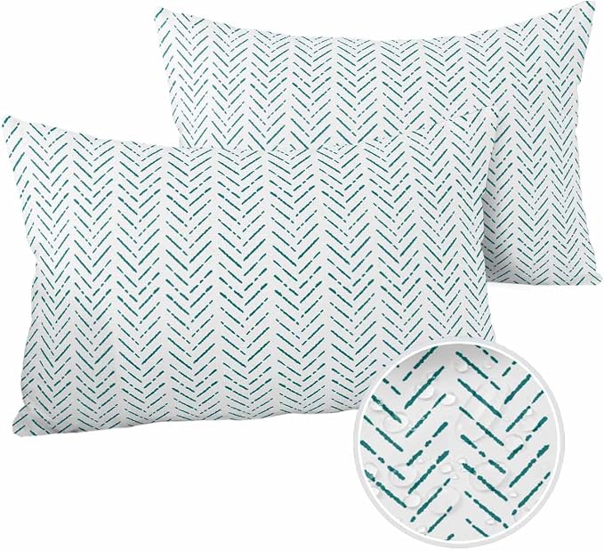 Turquoise Striped Outdoor Pillow Covers Waterproof,All Weather Cushion Case Set of 2 Lumbar Pillowcase for Sofa Couch Bed Decor Patio Furniture 20"x12" White Geometric Minimalist Boho Striped