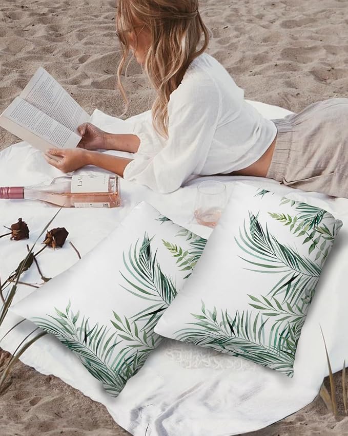 Outdoor Waterproof Throw Pillows Tropical Palm Leaves White Patio Pillows Pack of 1,Decorative Pillow Covers with Insert,Pillow Cushion Case for Garden Couch Sofa Pastoral Green Leaf Plant