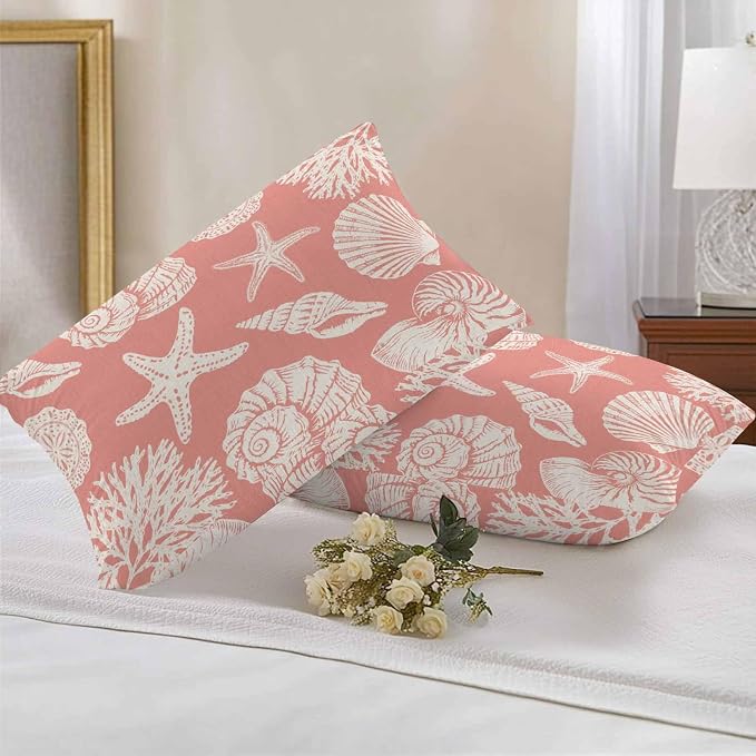 Waterproof Pillow Covers Set of 2 12x20 Inch Ocean Coastal Outdoor Lumbar Cushion Covers Shells Starfish Conch Coral Red Linen Decorative Pillow Cases for Patio, Sofa, Couch, Garden