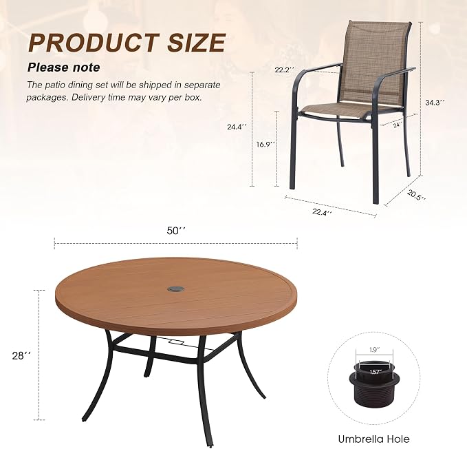 7 Pieces Patio Dining Set, 50" Round Dining Table with Umbrella Hole, 6 Stackable Textilene Fabric Chairs, Metal Structure for Patio, Porch, Garden(Walnut Table, Brown Chair)