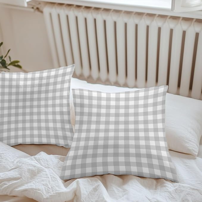 Light Gray Checks Outdoor Pillow Covers 18"x18" Set of 2, Gingham Plaid Abstract Modern Minimalist Waterproof Throw Pillow Covers for Patio Furniture, Decorative Cushion Covers for Porch
