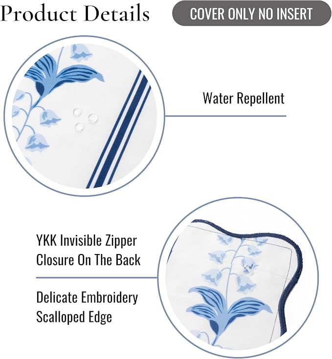 Hofdeco Premium Coastal Hampton Patio Indoor Outdoor Lumbar Pillow Cover Only, 12"x20" Water Repellent for Backyard, Couch, Poolside, Azure Navy Blue Print Watercolor Striped Lily of the Valley