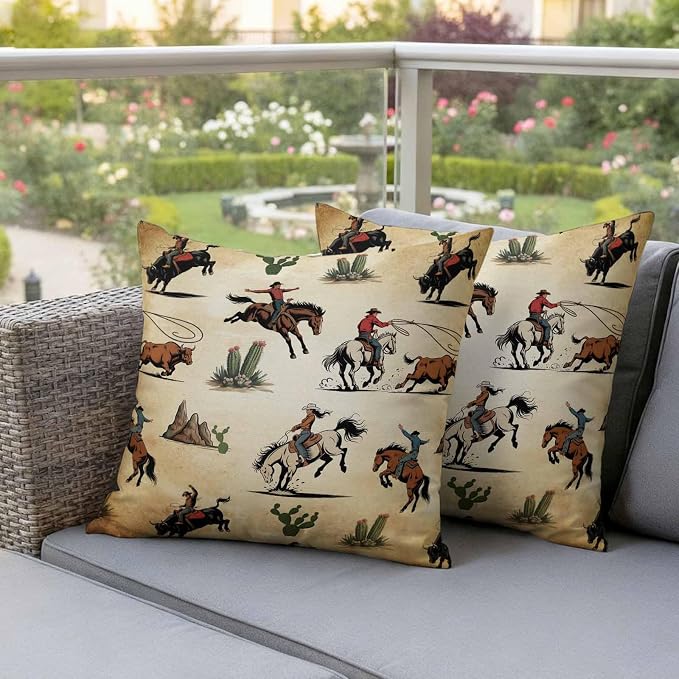 Western Cowboys Outdoor Pillow Covers Waterproof, All Weather Cushion Case Set of 2, Brown Vintage Country Cactus Decorative Pillowcases for Sofa Couch Bed Decor Patio Furniture 16"x16"