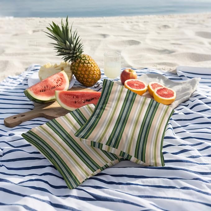 Green Brown Striped Outdoor Pillow Covers 20x20 Inch Throw Pillow Covers Set of 2 Waterproof Decorative Pillow Cases Modern Stripes Art Farmhouse Cushion Covers for Patio Furniture Garden Couch Sofa