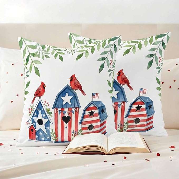 American Flag Bird House Outdoor Pillow Covers Waterproof, All Weather Cushion Case Set of 2, Green Eucalyptus Leaves 250th Decorative Pillowcases for Sofa Couch Bed Decor Patio Furniture 18"x18"