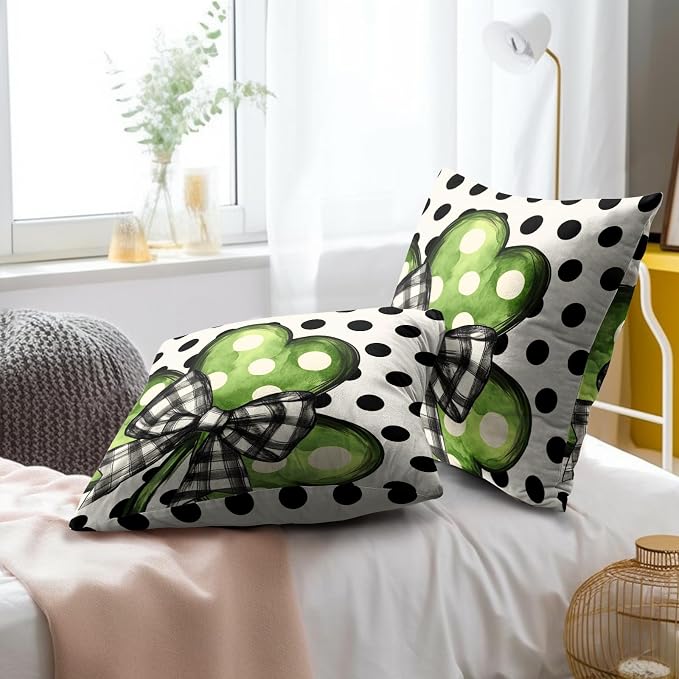St Patricks Day Throw Pillow Covers 18x18 Inch – Set of 2 Black White Dot Green Shamrock Clover Pillow Covers Holiday Spring St Patricks Decorative Pillow Cases for Bed Couch Sofa