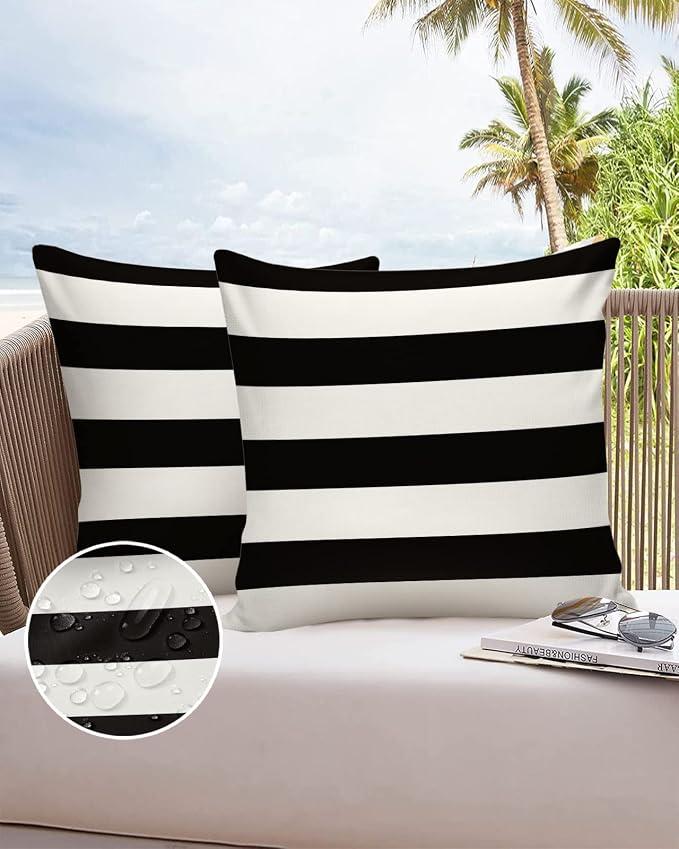 Outdoor Pillows 26x26 Waterproof Outdoor Pillow Covers, Black White Stripes Polyester Throw Pillow Covers Garden Cushion Decorative Case for Patio Couch Decoration Set of 2, Geometric