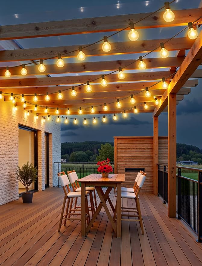 100FT(4x25FT) Solar String Lights with Remote, 43 G40 Bulbs, Black | Solar Powered, Dusk to Dawn, Dimmable, Timer, Memory Function, LED Globe Hanging Lights for Fence Camping Porch