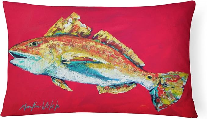 Caroline's Treasures MW1103PW1216 Fish - Red Fish Woo Hoo Canvas Fabric Decorative Pillow Machine Washable, Indoor Outdoor Decorative Pillow for Couch, Bed or Patio, 12HX16W