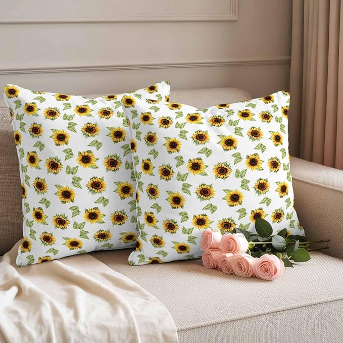 Sunflower Waterproof Outdoor Pillow Covers Set of 2 Home Decor, Yellow Green Botanical Farm Plant Leaves Pillowcase Patio Pillow Covers for Couch Bench Furniture Garden 16x16in