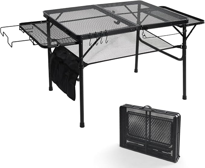3ft Folding Camping Table with Wing Panels, Metal Mesh Grill Table,2 Adjustable Heights,Folding Table with Storage Net, Paper Towel Holder, Hooks, Trash Bag Rack, for Picnic,Camping,BBQ,Beach(Black)
