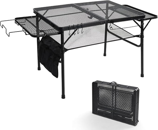 3ft Folding Camping Table with Wing Panels, Metal Mesh Grill Table,2 Adjustable Heights,Folding Table with Storage Net, Paper Towel Holder, Hooks, Trash Bag Rack, for Picnic,Camping,BBQ,Beach(Black)