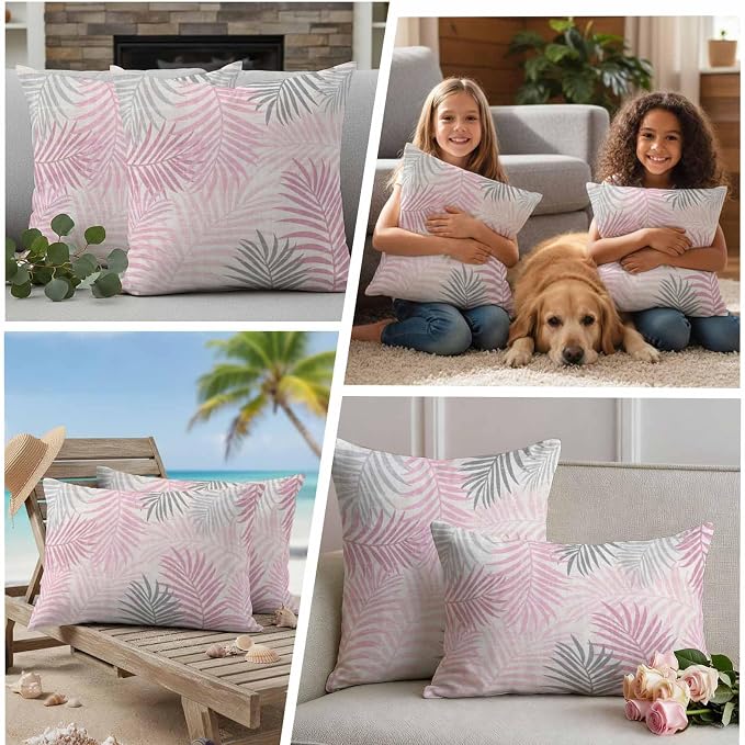 Outdoor Waterproof Throw Pillow Covers, Pink Grey Palm Leaves Decorative Pillow Cases, Summer Botanical Tropical Leaf Couch Pillow Protector Patio Sofa Cushion Covers Replacement 16"x16" 2 Pack